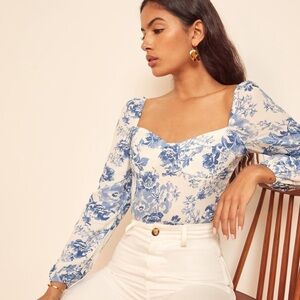 Reformation Blue and White Floral Top
